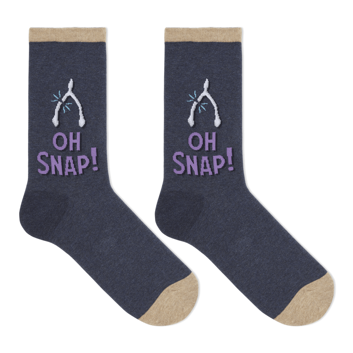 A pair of dark heather navy crew socks with beige toes and heels, featuring a white wishbone graphic and the text 'OH SNAP!' in lavender on the side, shown against a plain white background.