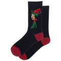 Black socks with a colorful elf design on a white background