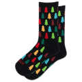 A pair of black crew socks with a colorful pattern of Christmas tree silhouettes in red, green, blue, orange, and yellow, displayed on a clean white background.