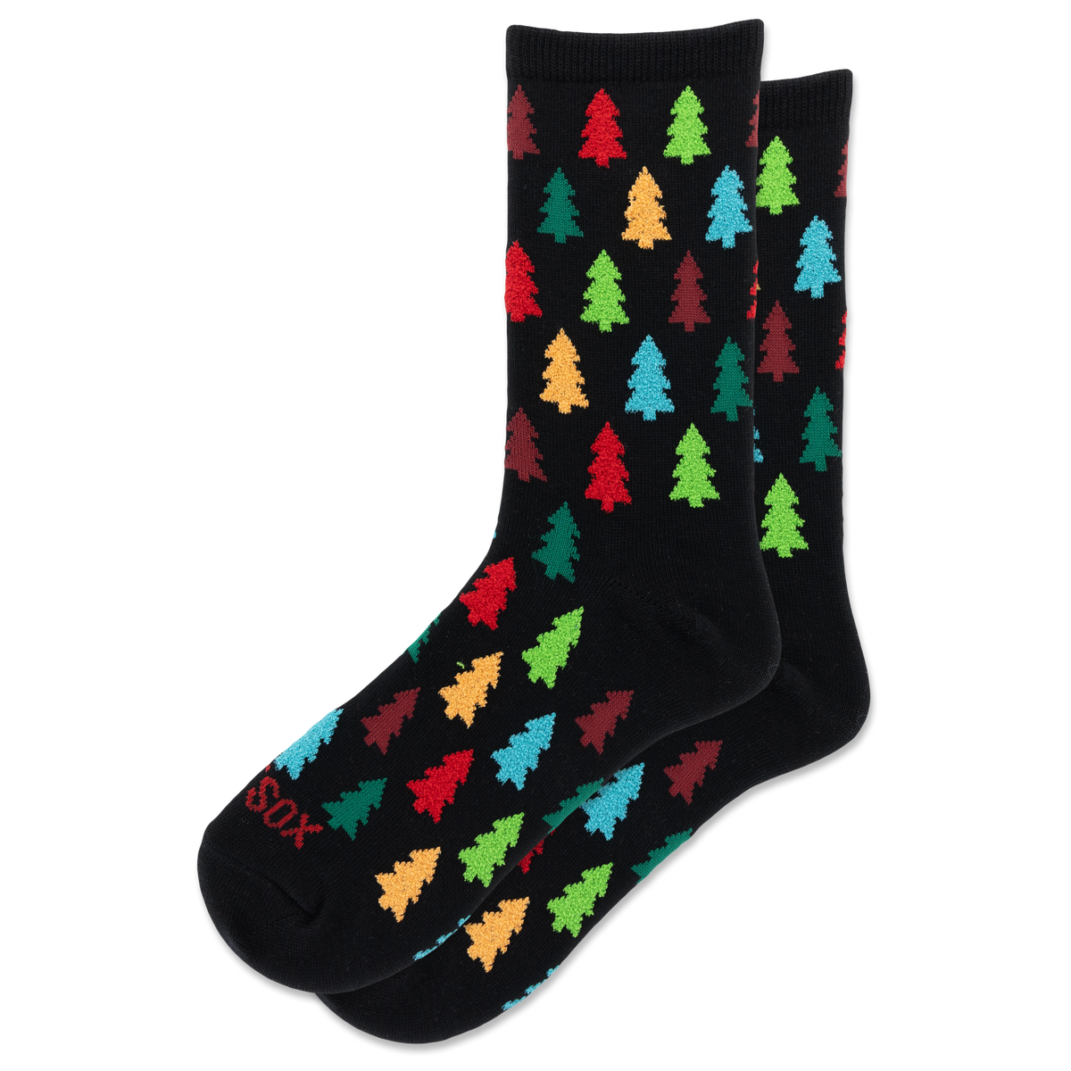 A pair of black crew socks with a colorful pattern of Christmas tree silhouettes in red, green, blue, orange, and yellow, displayed on a clean white background.