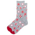 A pair of gray crew socks with a red and white candy cane pattern, featuring solid red toes and heels, displayed on a clean white background.