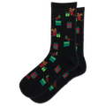 A pair of black crew socks featuring a festive pattern of cartoon mice holding red and green gift boxes, with small red birds, on a plain white background.