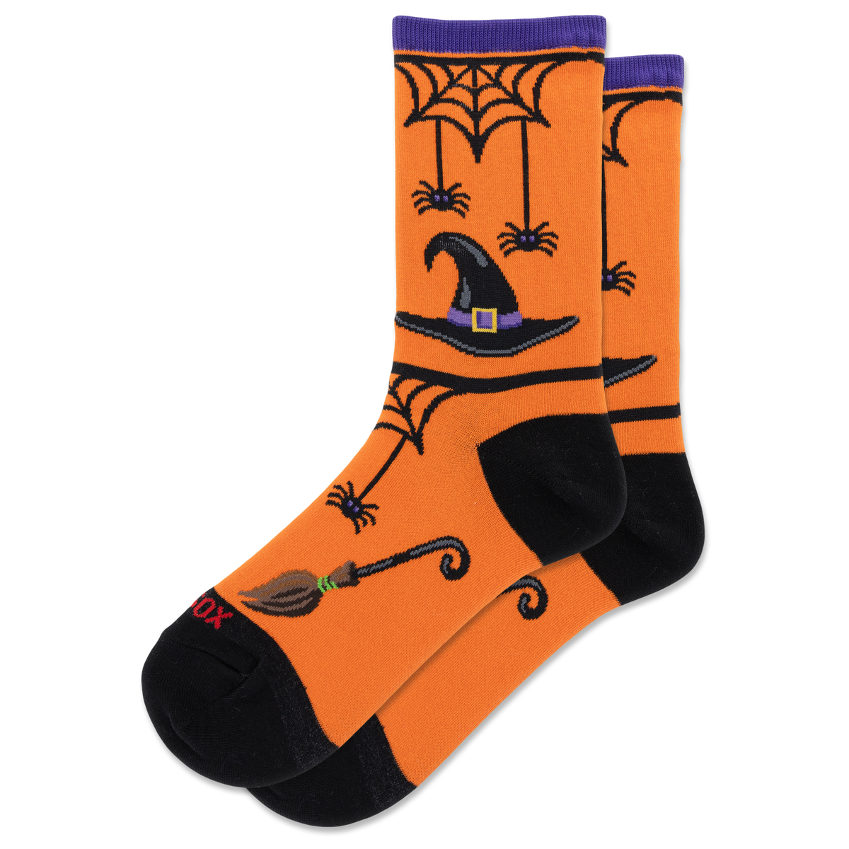 A pair of orange crew socks with a Halloween theme, featuring black heels, toes, and cuffs, decorated with a witch's hat, broomstick, spiderwebs, and spiders.