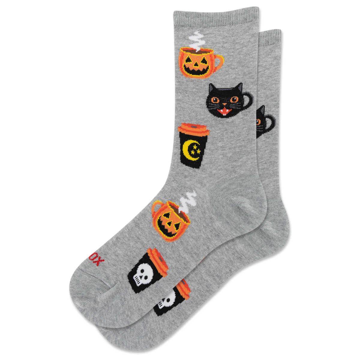 A pair of heather gray crew socks with a Halloween pattern featuring jack-o'-lanterns, black cats, and coffee cups, shown on a plain white background.