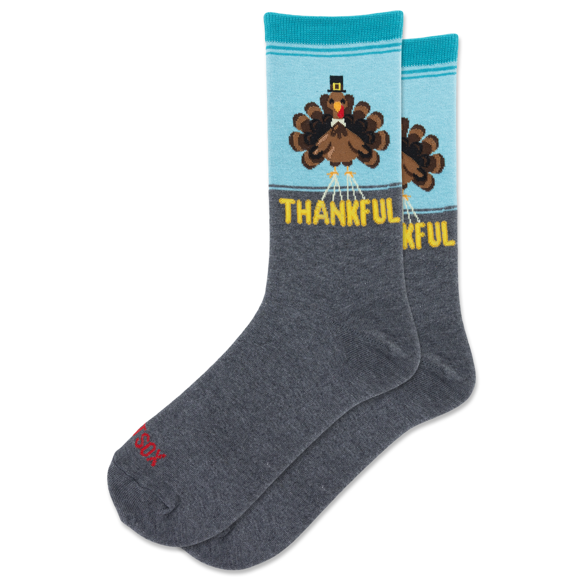 A pair of crew socks with a Thanksgiving theme. The lower half is dark heather gray, while the upper half is light blue and features a cartoon turkey wearing a black top hat with a red band, above the word 'THANKFUL' in yellow.