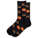 A pair of black crew socks with a repeating autumn pattern of orange pumpkins, acorns, and brown leaves, shown on a plain white background.