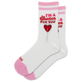 A pair of white crew socks with pink stripes at the top and pink toes/heels, featuring a red graphic of a lollipop and the text 'I'M A Sucker FOR YOU' on the front.