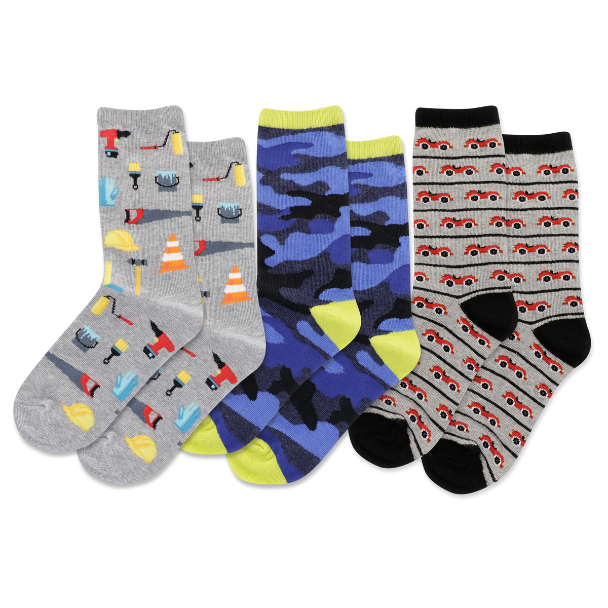 Three pairs of children's socks with different patterns on a white background