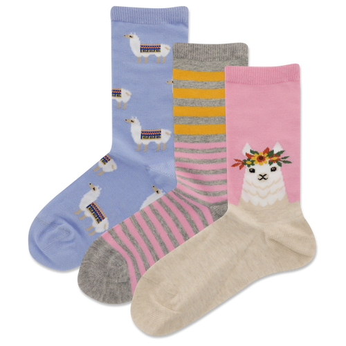 Assorted HOTSOX Kid's Llama Stripe Crew Socks 3 Pair Pack