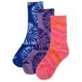Three colorful socks with tie-dye patterns on a white background