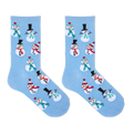 A pair of light blue crew socks with a repeating pattern of cartoon snowmen in winter clothing, shown against a plain white background.