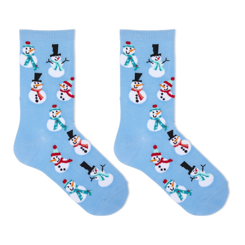 A pair of light blue crew socks with a repeating pattern of cartoon snowmen in winter clothing, shown against a plain white background.