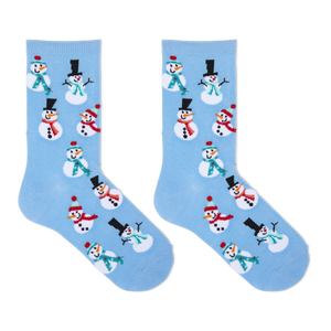 A pair of light blue crew socks with a repeating pattern of cartoon snowmen in winter clothing, shown against a plain white background.