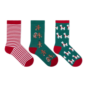 HOTSOX Kid's Holiday Gingerbread, Llamas, Stripe Crew Socks 3 Pair Pack