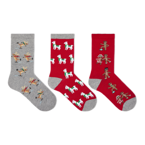 HOTSOX Kid's Holiday Gingerbread, Llamas, Ice Skating Reindeer Crew Socks 3 Pair Pack