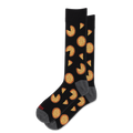 A pair of black crew socks with a repeating pattern of pizza slices and whole pizzas, featuring gray heels and toes and a small red brand logo on the sole.