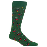 A single dark green crew sock with an all-over golf course pattern featuring red golf carts, players, flags, and golf balls, shown on a plain white background.