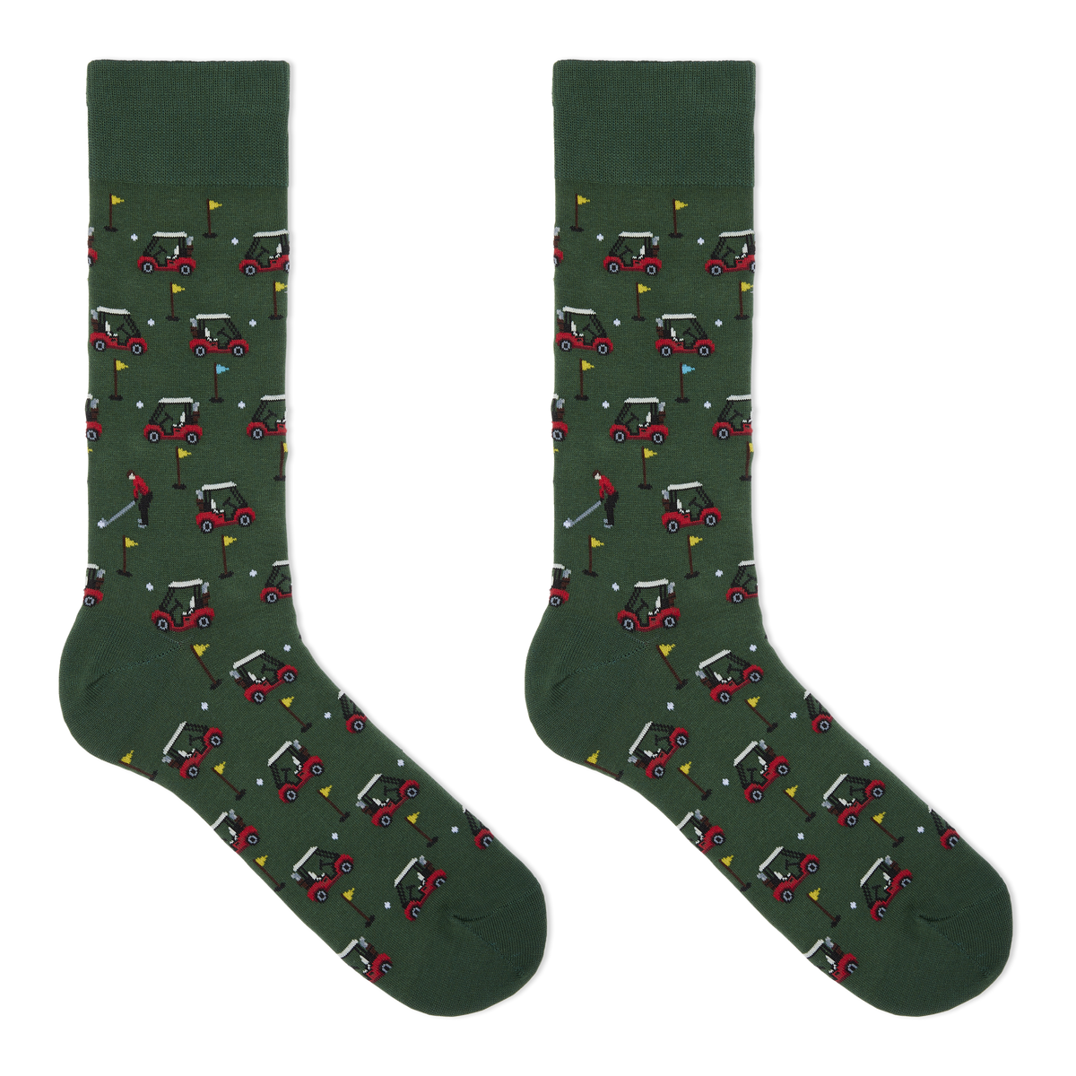A pair of dark green crew socks with an all-over golf course pattern featuring red and white golf carts, golf balls, flags, and a golfer, displayed against a solid white background.