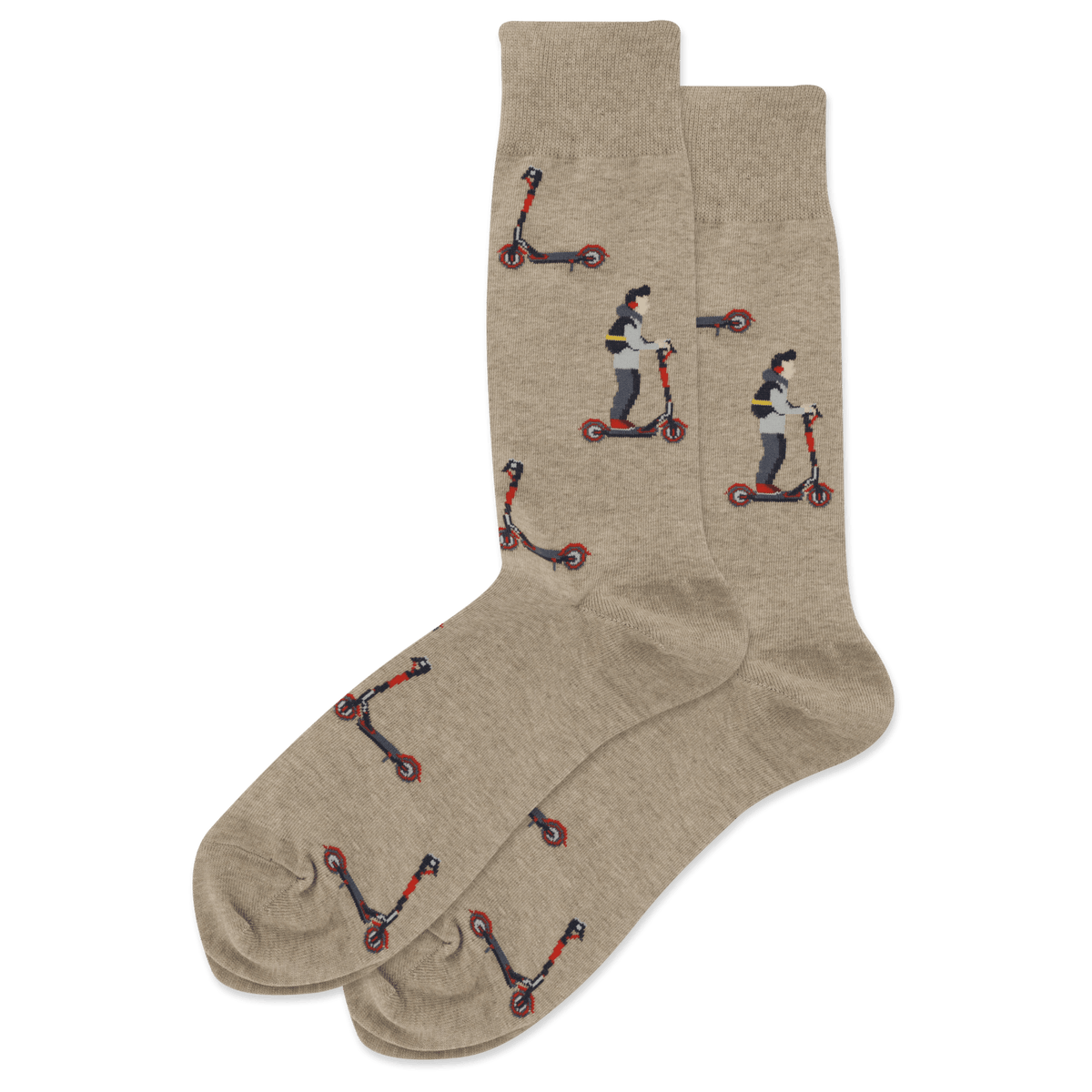 Beige socks with scooter and person design on a beige background