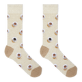 A pair of beige crew socks with a repeating pattern of coffee cups and saucers, featuring solid tan heels, toes, and cuffs, displayed on a clean white background.