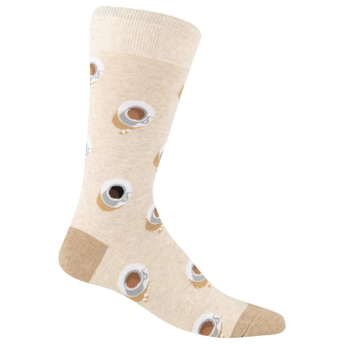 A single crew sock in a light beige heathered fabric, decorated with a repeating pattern of coffee cups with steam and small coffee drips. The sock features a solid tan heel and toe, and is shown against a plain white background.