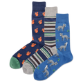 Three pairs of socks with animal patterns on a white background