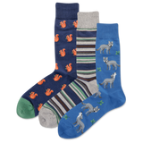 Three pairs of socks with animal patterns on a white background