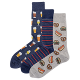 Three pairs of socks with food-themed patterns on a white background