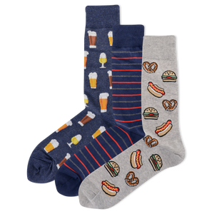 Three pairs of socks with food-themed patterns on a white background