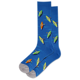 A pair of blue crew socks with a pattern of colorful kayaks. thumbnail