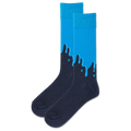 A pair of men's crew socks with a paint drip design, featuring blue on the top and black on the bottom.