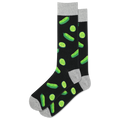 A pair of black crew socks with a pattern of green pickle designs, including whole pickles and pickle slices, with accent colors in the heel, toe, and cuff.