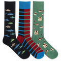 Three pairs of crew socks displayed together on a white background. The left sock is black with blue, green, and gray fish patterns; the middle sock has vertical stripes in blue, red, and black; the right sock is green with fishing vest and fish patterns.