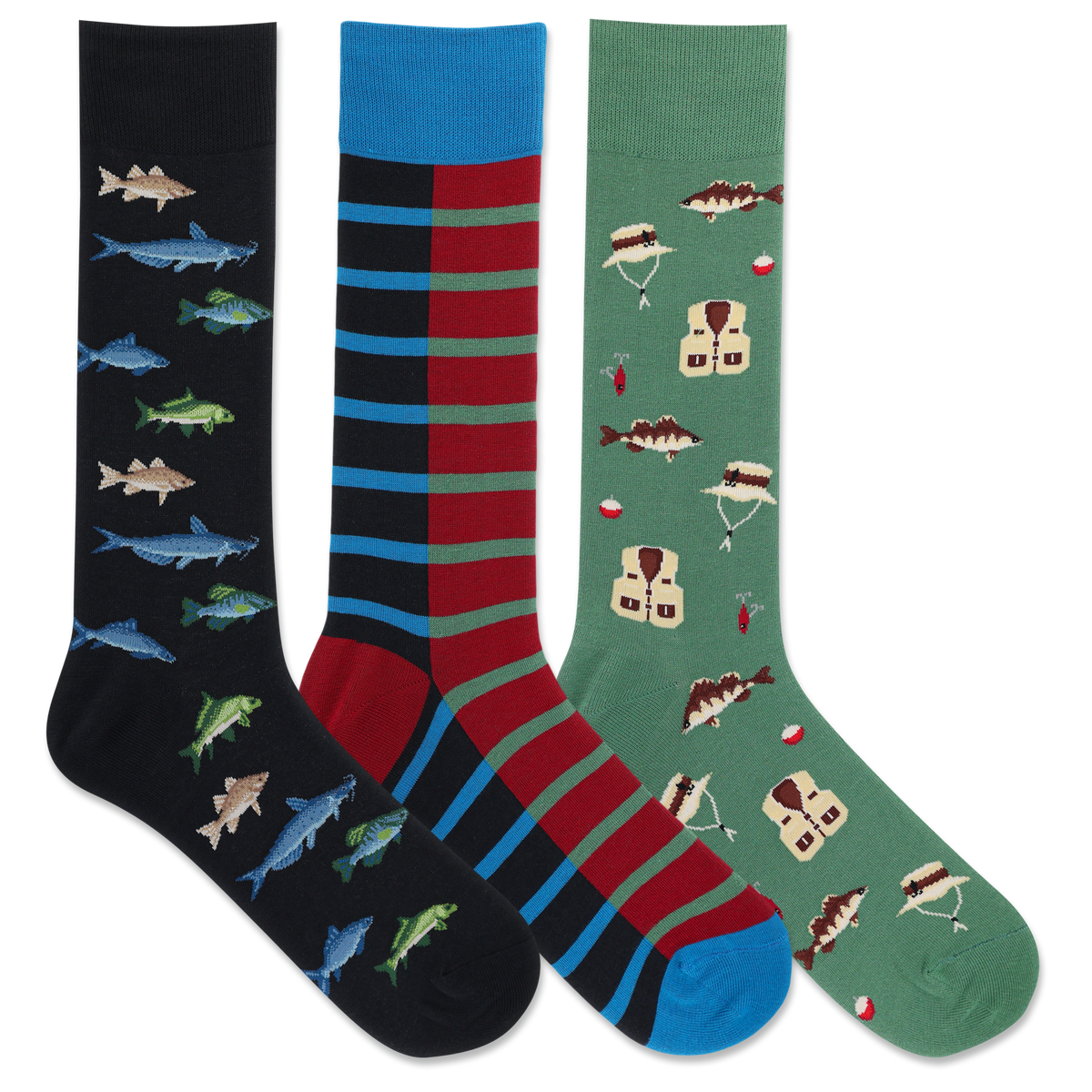 Three pairs of crew socks displayed together on a white background. The left sock is black with blue, green, and gray fish patterns; the middle sock has vertical stripes in blue, red, and black; the right sock is green with fishing vest and fish patterns.