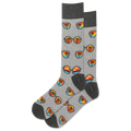 A pair of gray crew socks with a pattern of sunglasses and beach scenes in multicolor.