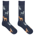 A pair of navy blue crew socks with an all-over pattern of cartoon dogs in various breeds and colors, shown against a plain white background.