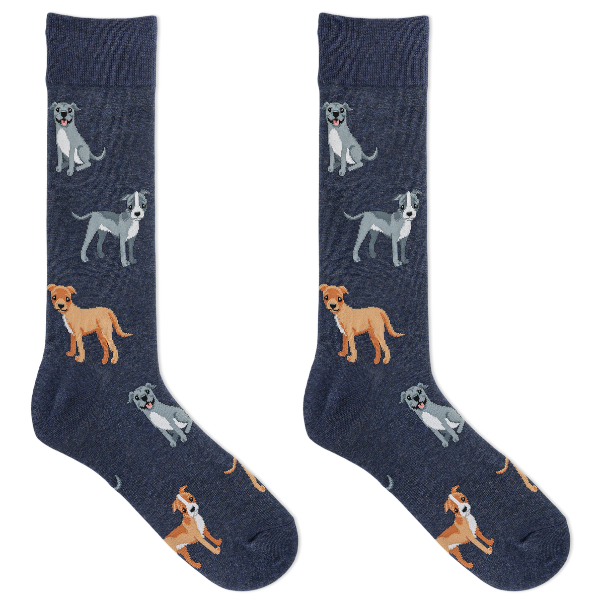 A pair of navy blue crew socks with an all-over pattern of cartoon dogs in various breeds and colors, shown against a plain white background.