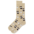 Beige socks with coffee-themed design on a white background