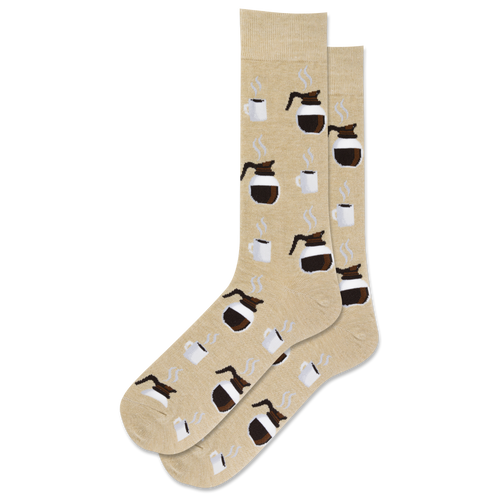 Beige socks with coffee-themed design on a white background