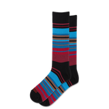 A pair of crew socks with a striped pattern in black, bright blue, burgundy red, and brown, displayed against a solid white background.