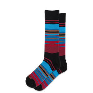 A pair of crew socks with a striped pattern in black, bright blue, burgundy red, and brown, displayed against a solid white background.