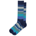 A pair of crew socks with a striped pattern in navy blue, gray, green, and blue, shown on a plain white background.