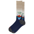 A pair of crew socks with a dark navy blue lower half, gray heels and toes, and a beige upper half featuring a graphic of mountains, pine trees, and the text 'I'd Hike That'.