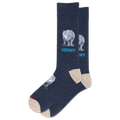 A pair of navy blue crew socks with a cartoon rhinoceros graphic and the word 'HORNY' printed in light blue, shown on a plain white background.