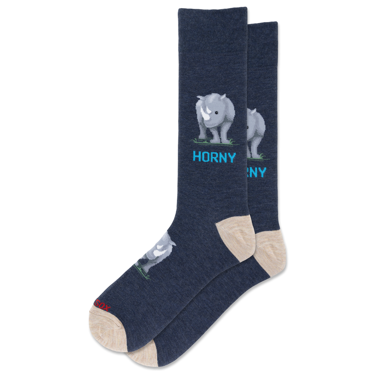 A pair of navy blue crew socks with a cartoon rhinoceros graphic and the word 'HORNY' printed in light blue, shown on a plain white background.