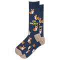 A pair of navy blue crew socks with a repeating pattern of corgi dogs and the yellow text 'GO SHORTY', shown on a plain white background.