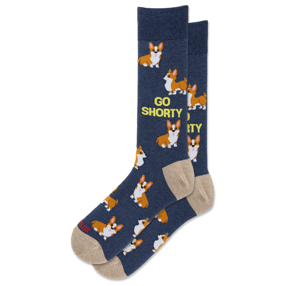 A pair of navy blue crew socks with a repeating pattern of corgi dogs and the yellow text 'GO SHORTY', shown on a plain white background.