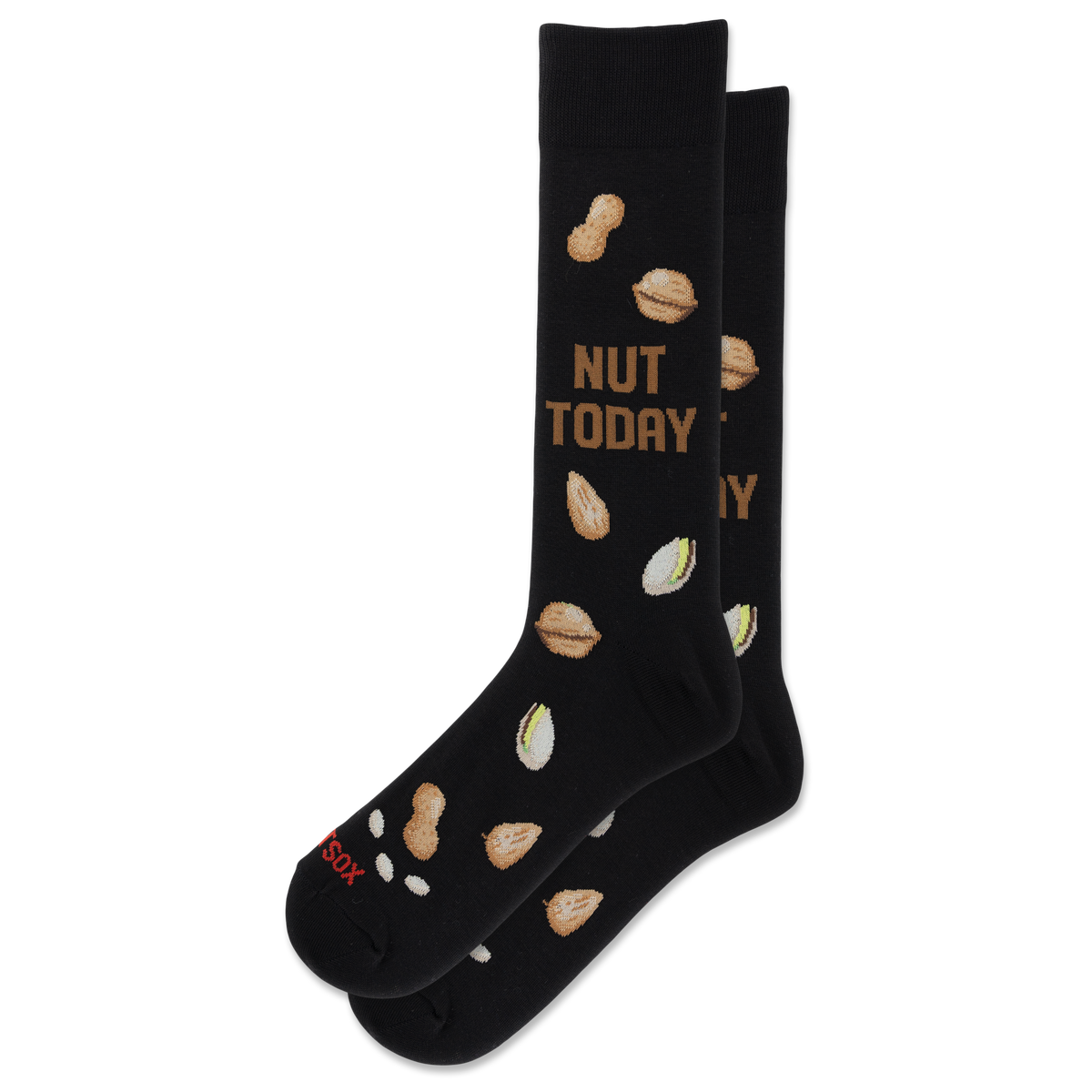 A pair of black crew socks with a pattern of peanuts, pistachios, and the words 'NUT TODAY' in brown and beige, shown on a plain white background.