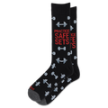 A pair of black crew socks with a gray and red graphic design featuring dumbbells and the text 'PRACTICE SAFE SETS' in red and gray.