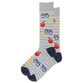 A pair of gray crew socks with thin white horizontal stripes, featuring a playful school-themed pattern of red apples, blue glasses, yellow pencils, and navy blue heels and toes.